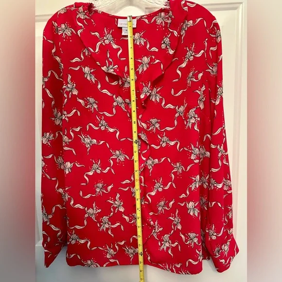 Liz Claiborne Red Floral Ruffle Blouse Long Sleeve Work Top Size M - Picture 9 of 9